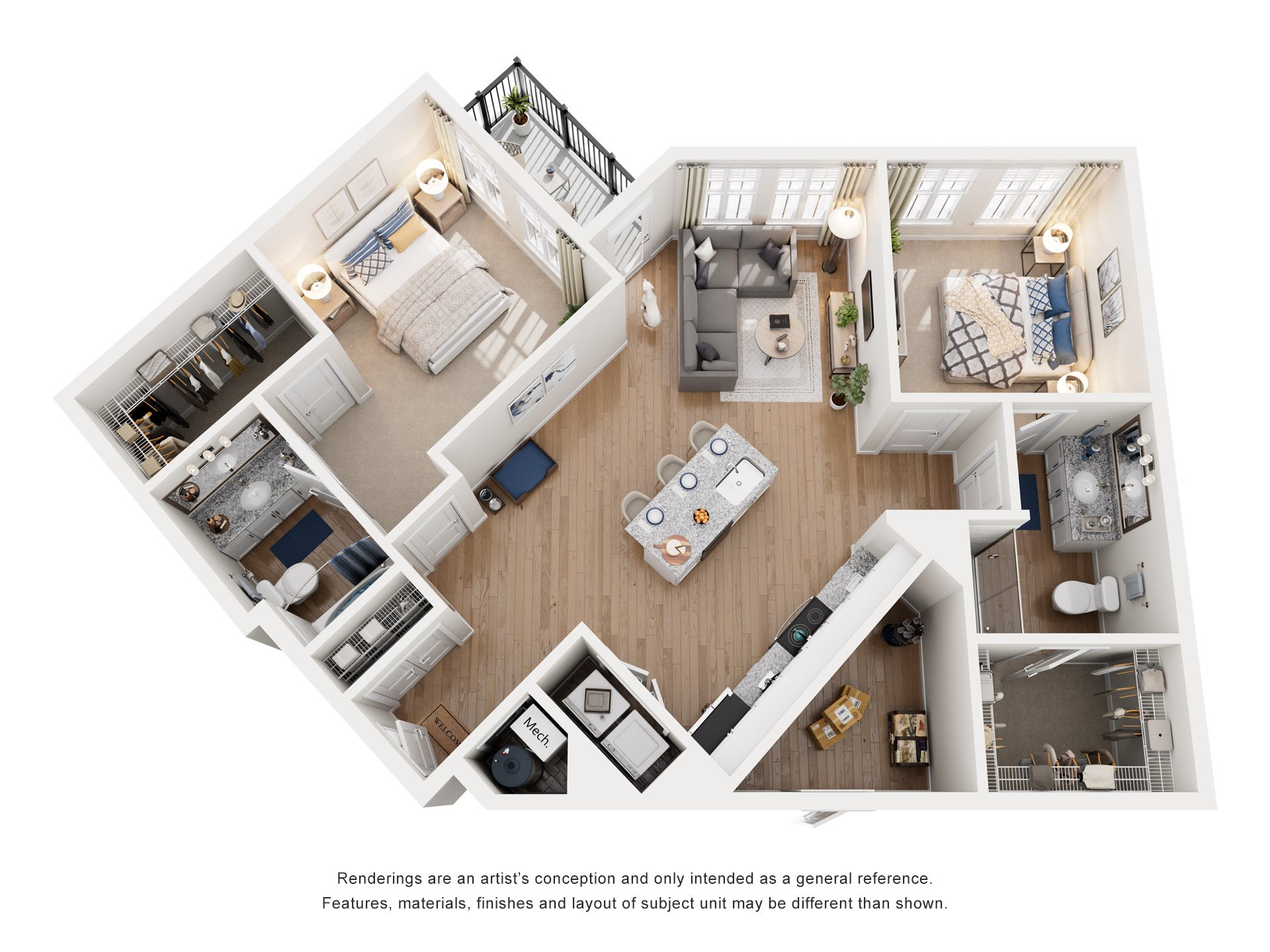 Floor plan for 2 beds, 2 baths, 1268 sqft